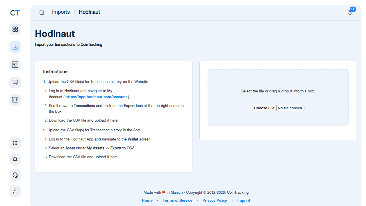 Hodlnaut import page in CoinTracking showing CSV upload field