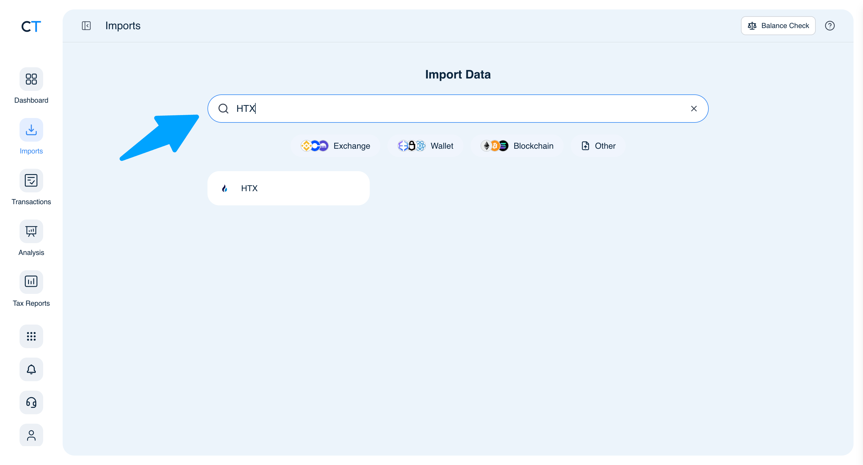 CoinTracking Import search showing HTX result