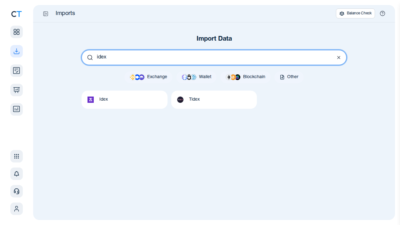 CoinTracking Import-Suche zeigt Idex in den Ergebnissen