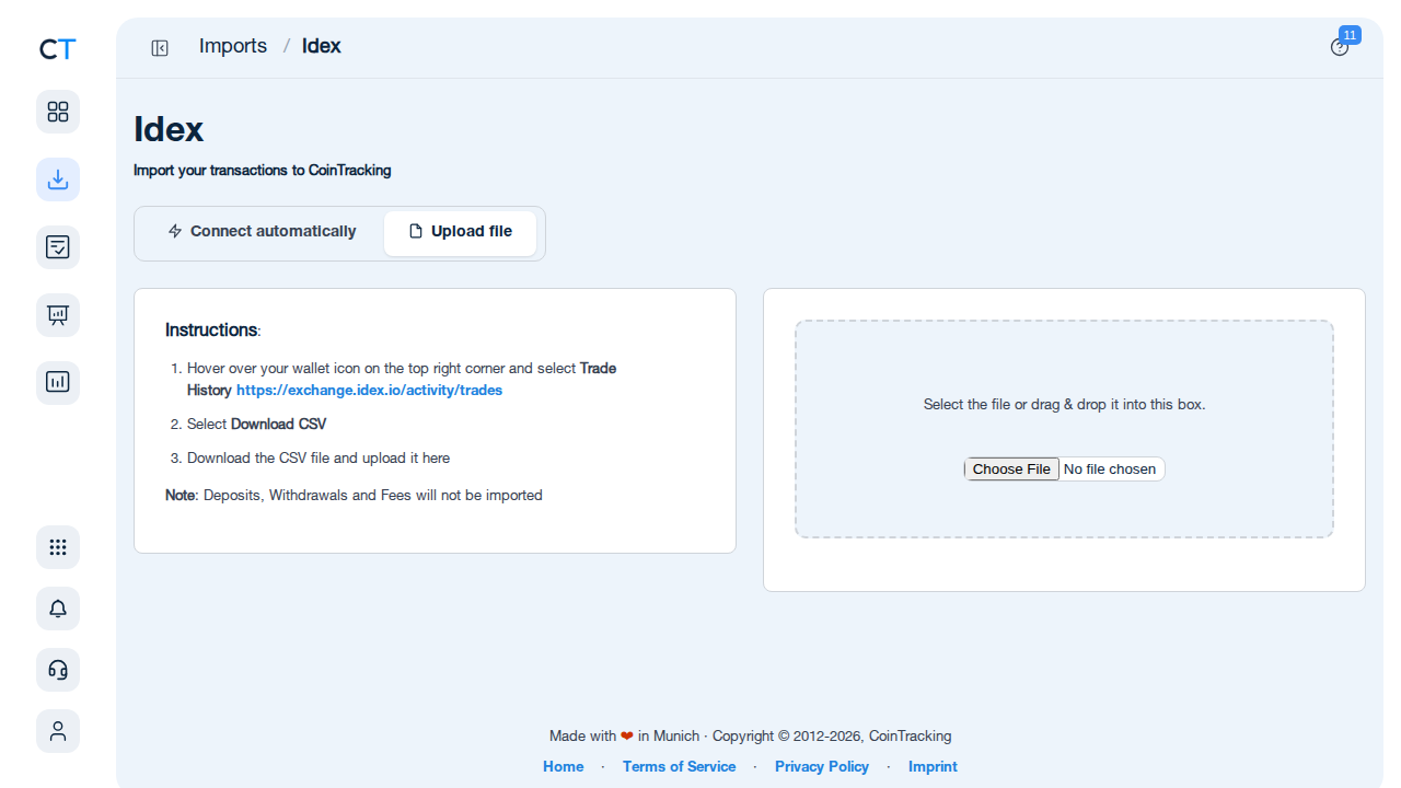 Idex Import-Seite in CoinTracking mit API-Verbindung und CSV-Upload-Optionen