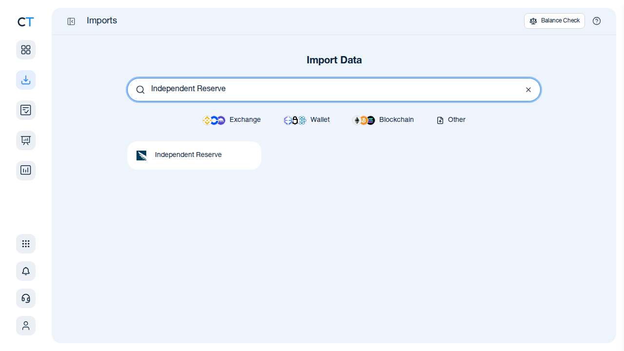 CoinTracking import search showing Independent Reserve exchange option
