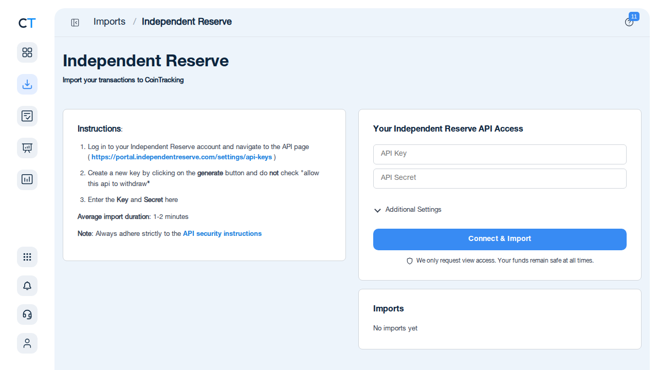 Independent Reserve import page in CoinTracking showing API Key and Secret input fields