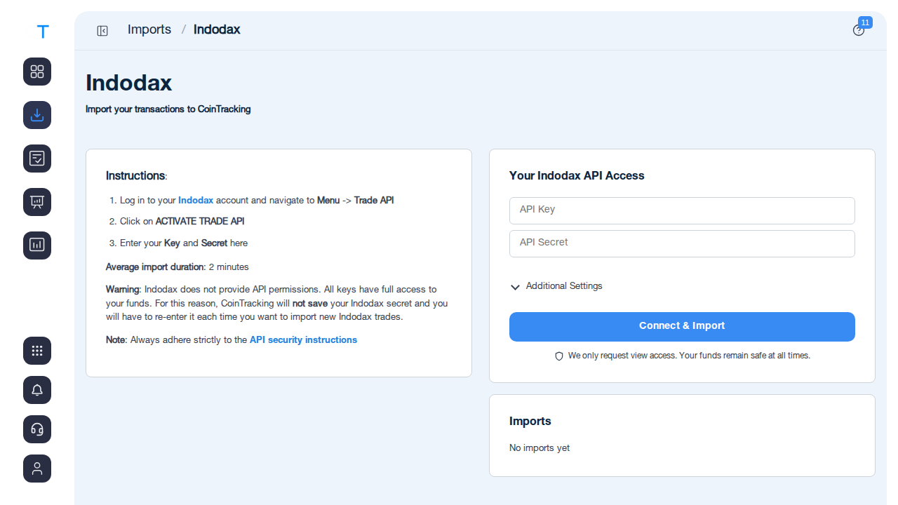 Indodax-Importseite in CoinTracking mit CSV-Upload-Bereich