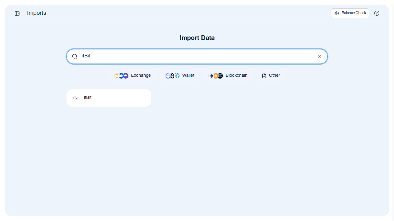 CoinTracking Import-Suche zeigt itBit-Börsen-Option