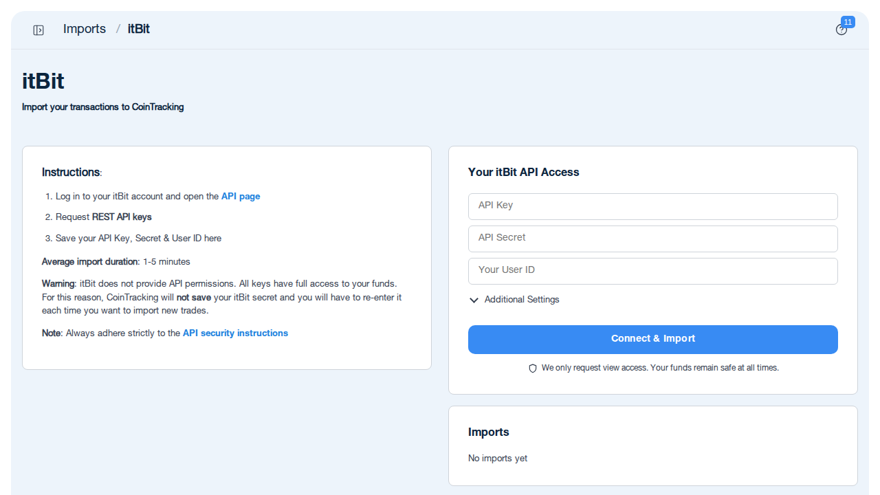 itBit API-Import-Seite in CoinTracking mit Feldern für API Key, API Secret und User ID