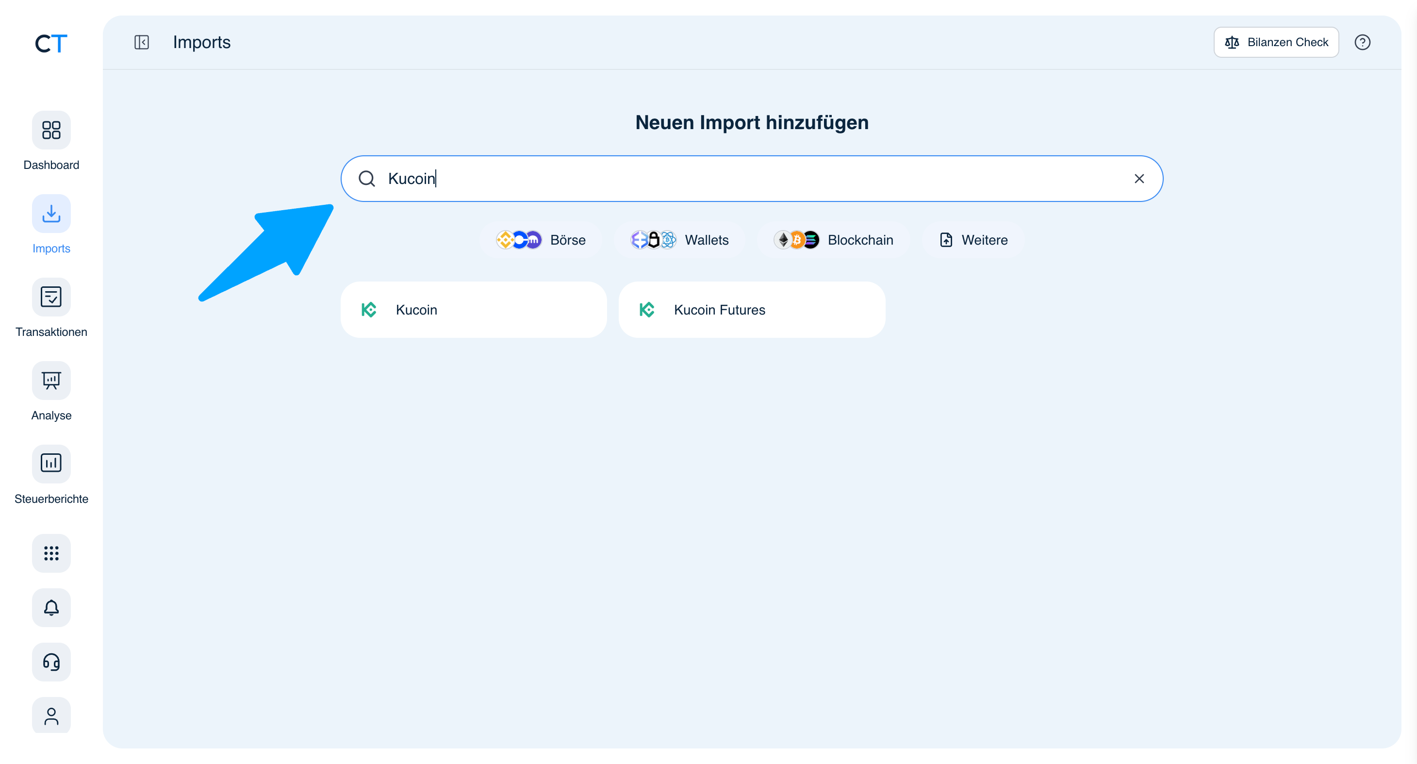 CoinTracking Import-Suche mit KuCoin Ergebnissen: Kucoin und Kucoin Futures