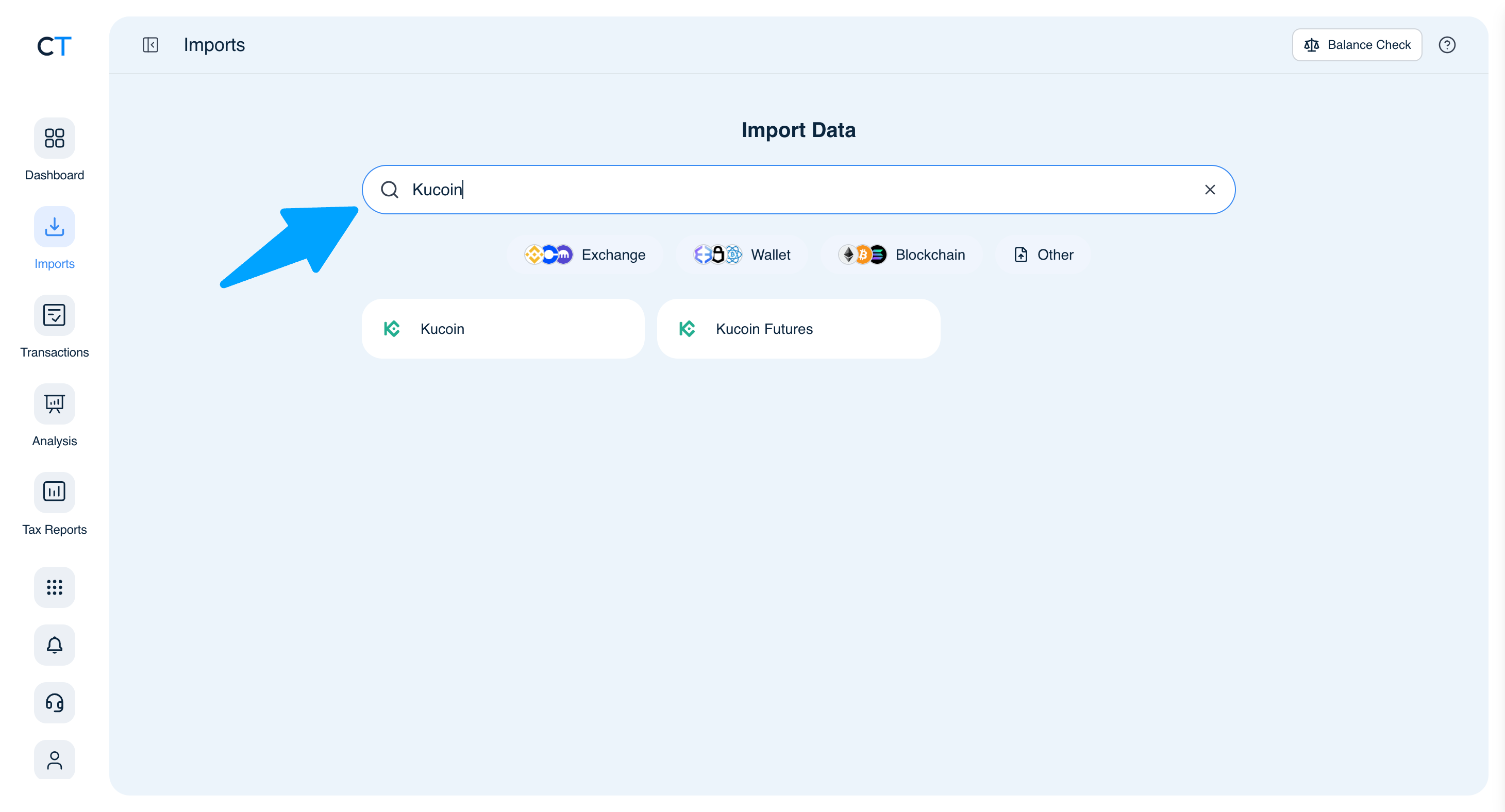 CoinTracking Import search showing KuCoin and KuCoin Futures results