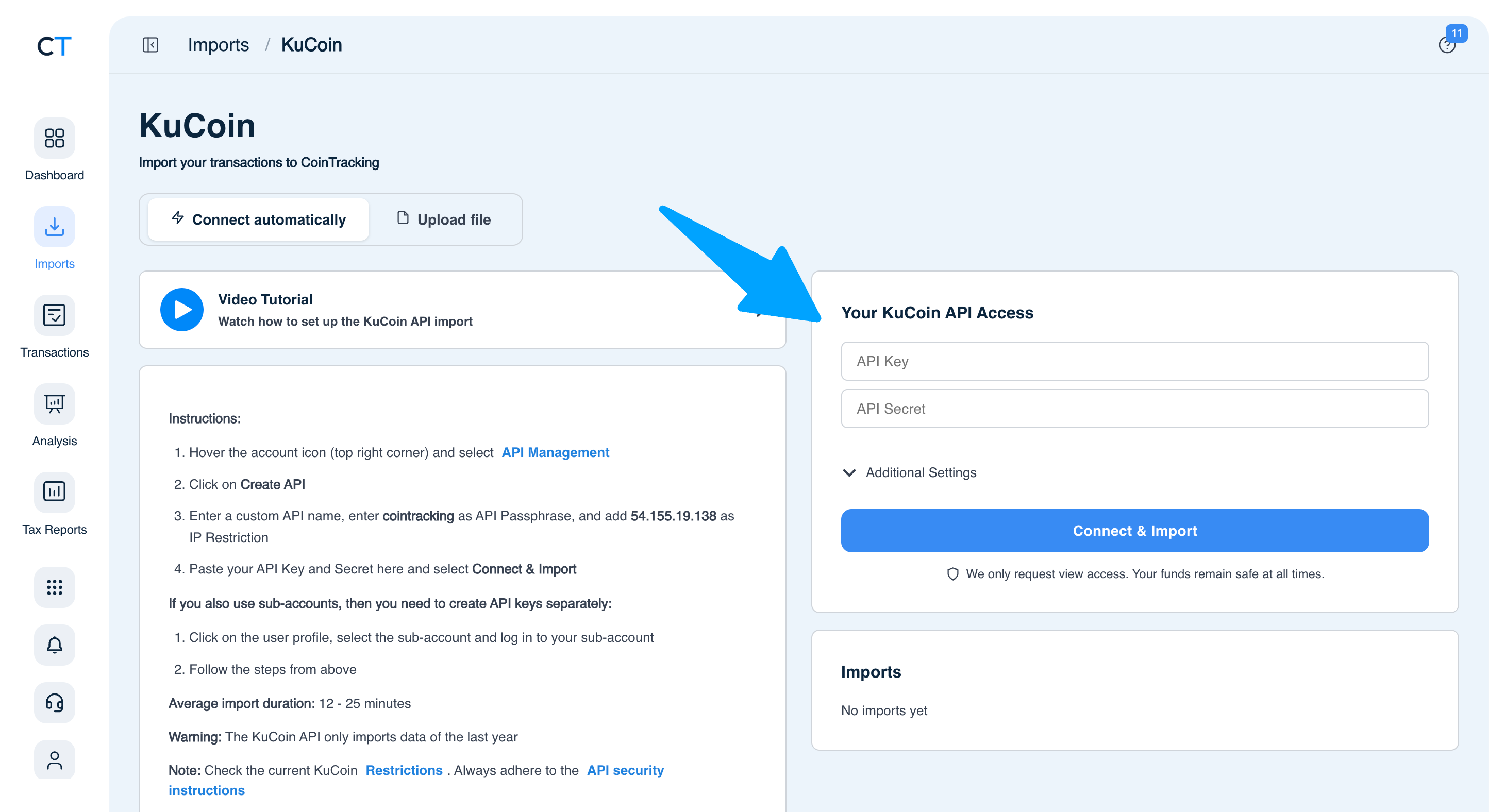 CoinTracking KuCoin import page showing Connect automatically tab with API Key and API Secret fields