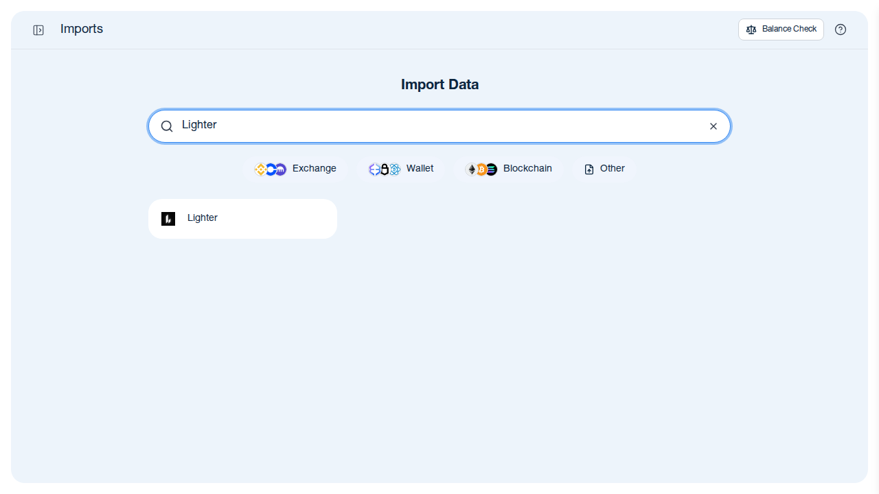 CoinTracking-Importsuche mit Lighter-Börsenoption