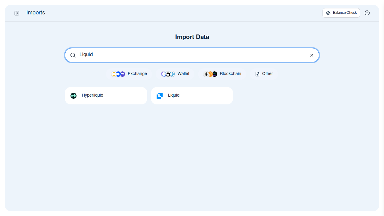 CoinTracking import search showing Liquid exchange option