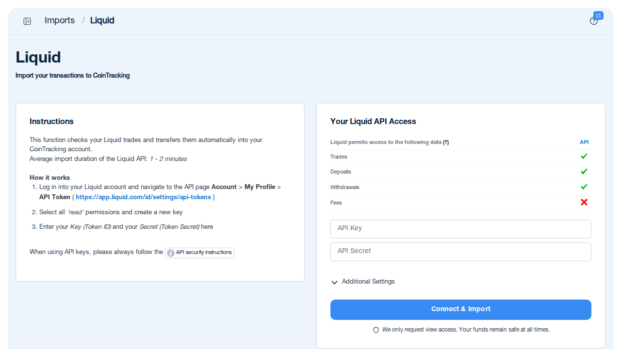 Liquid import page in CoinTracking showing API key and secret fields