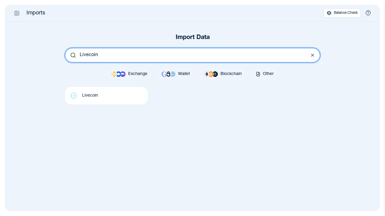 CoinTracking import search showing Livecoin result