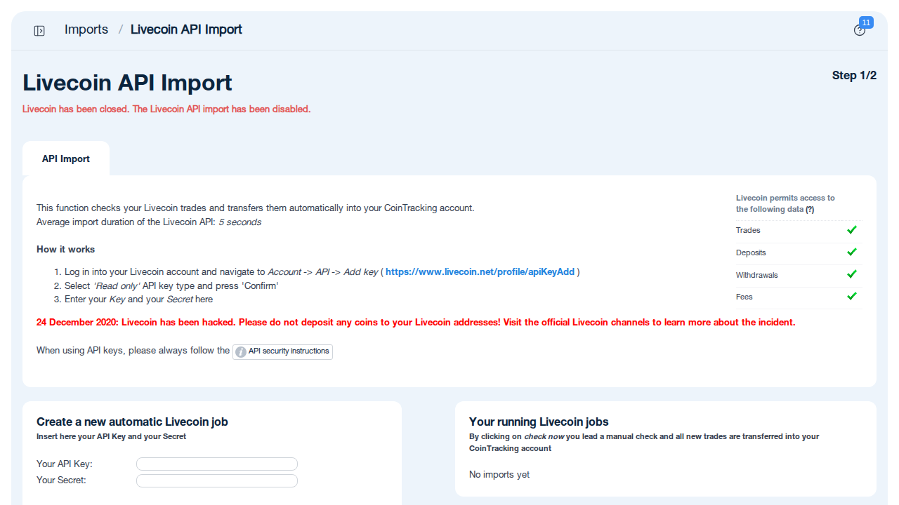 Livecoin import page in CoinTracking showing the API import interface