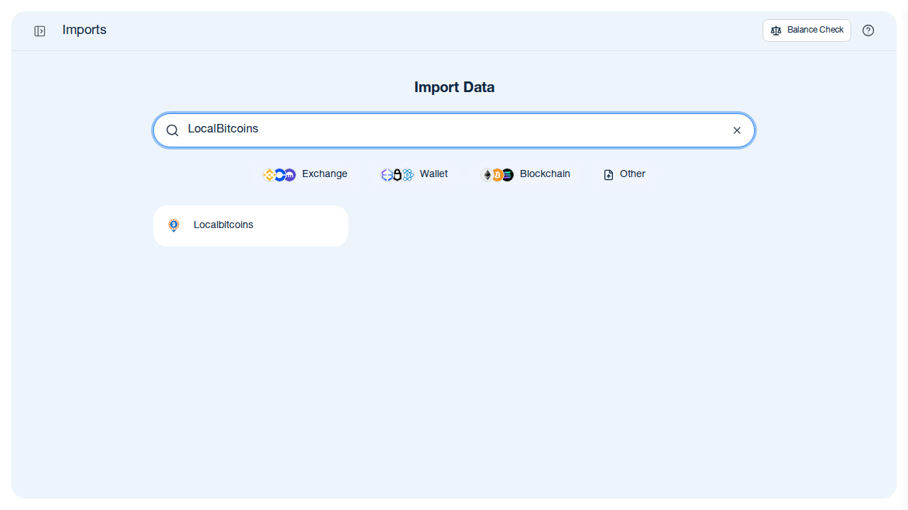 CoinTracking import search showing LocalBitcoins result