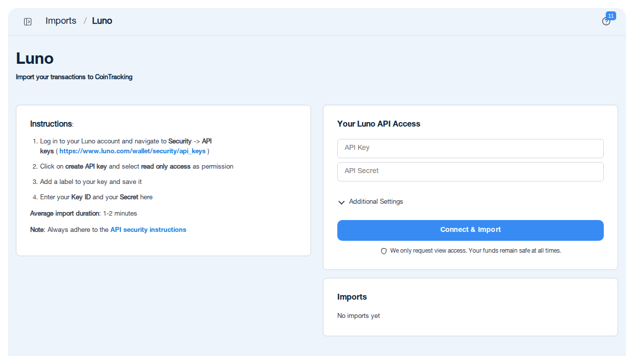 Luno API-Import-Seite in CoinTracking mit Eingabefeldern für API-Schlüssel und Secret