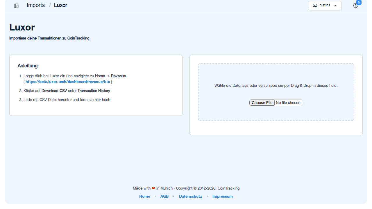 Luxor Import-Seite in CoinTracking mit CSV-Upload-Bereich