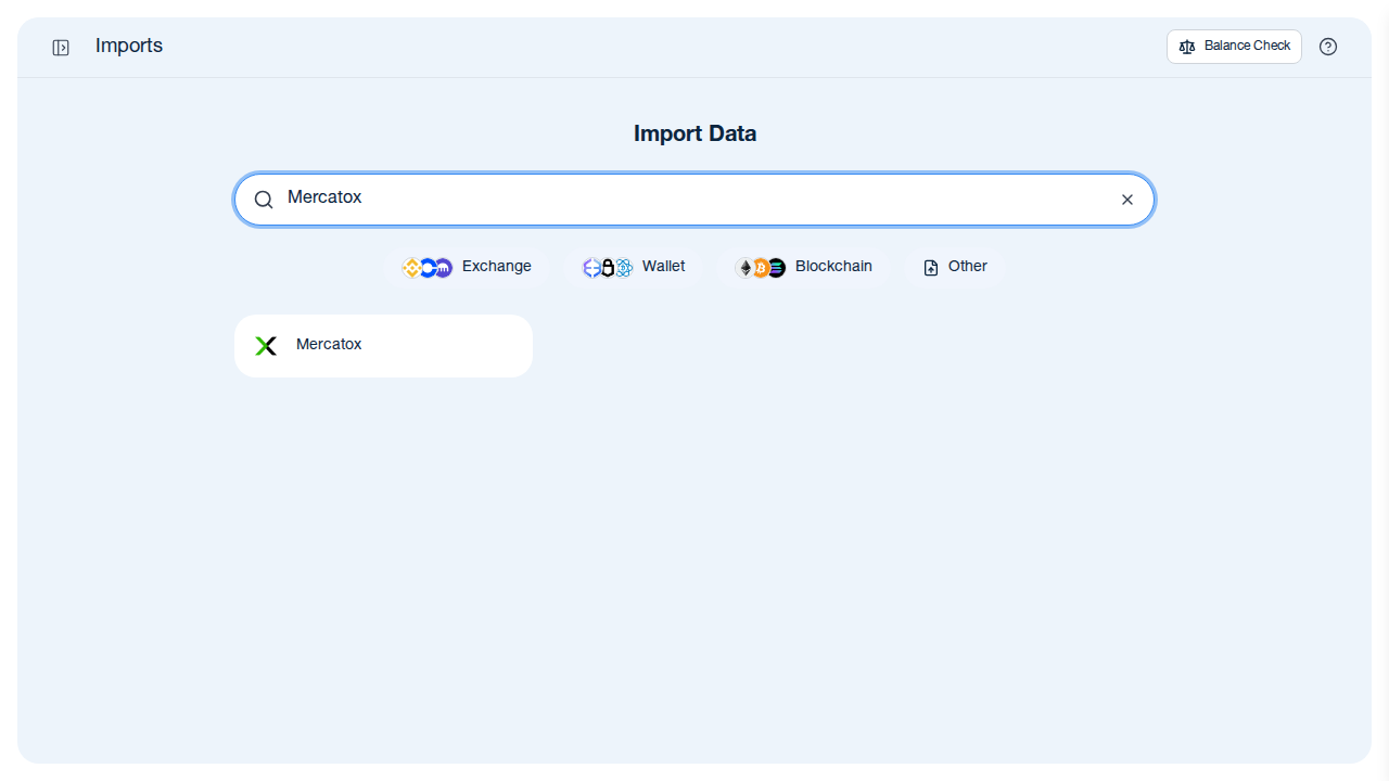 CoinTracking import search showing Mercatox exchange option