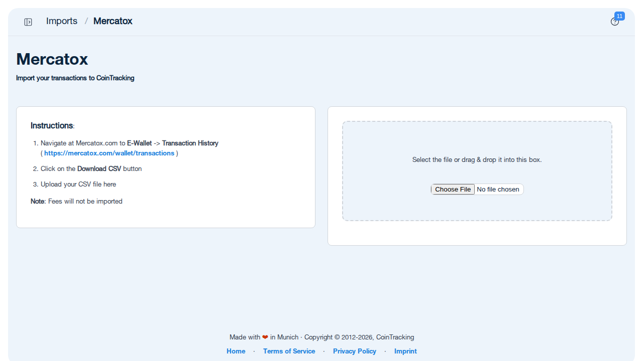 Mercatox import page in CoinTracking showing CSV upload area