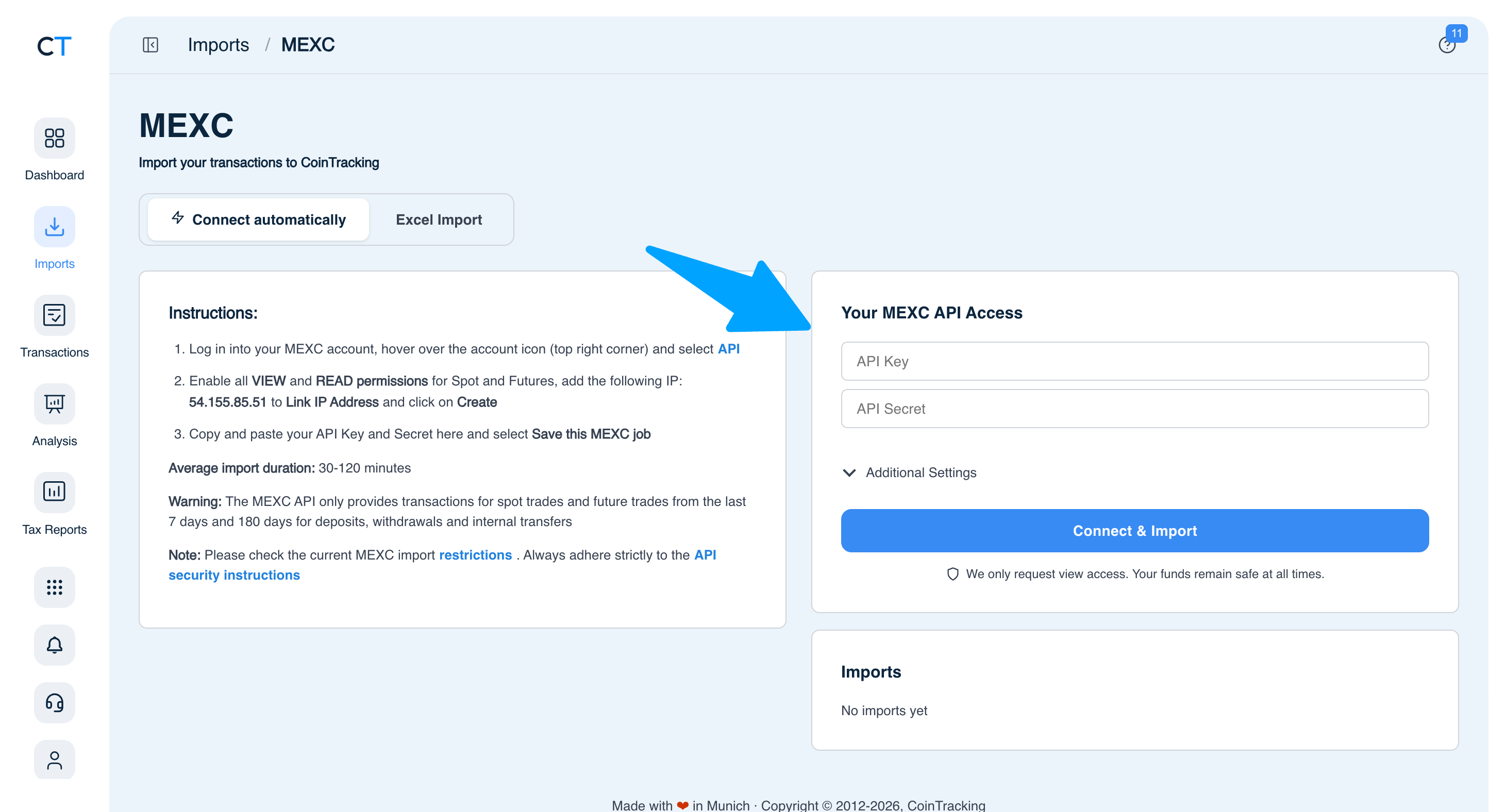 CoinTracking MEXC import page showing Connect automatically tab with API Key and API Secret fields