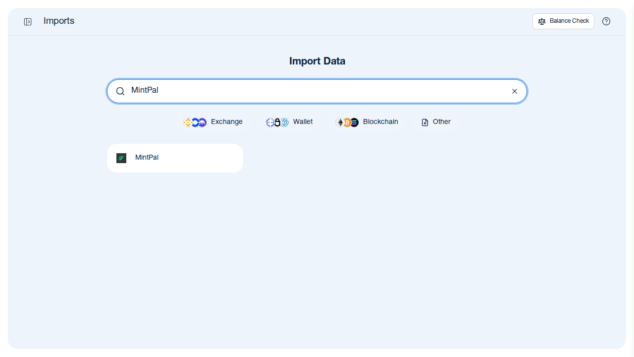 CoinTracking import search showing MintPal result