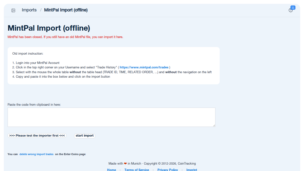 MintPal import page in CoinTracking showing paste import field