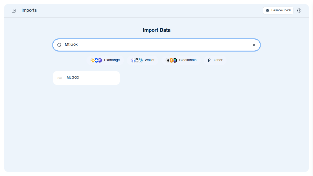 CoinTracking Import-Suche mit Mt.Gox-Ergebnis
