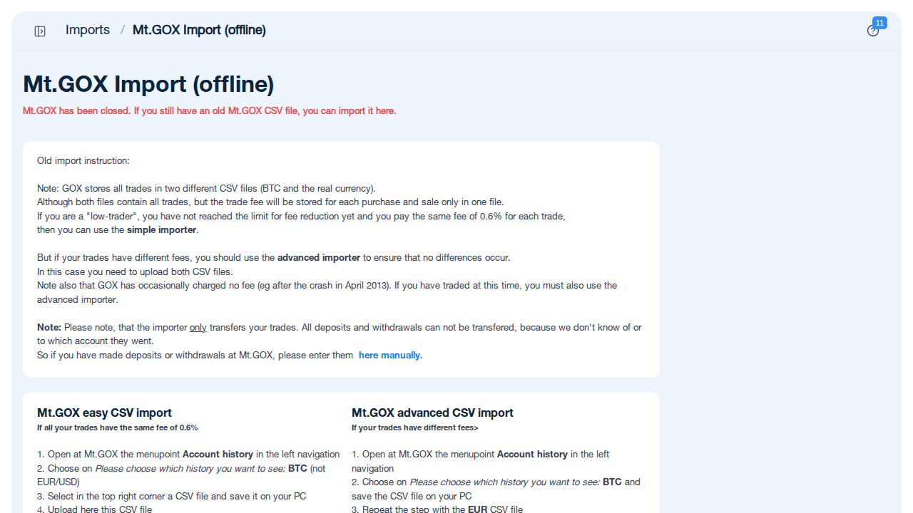 Mt.Gox Import-Seite in CoinTracking mit CSV-Upload-Feld
