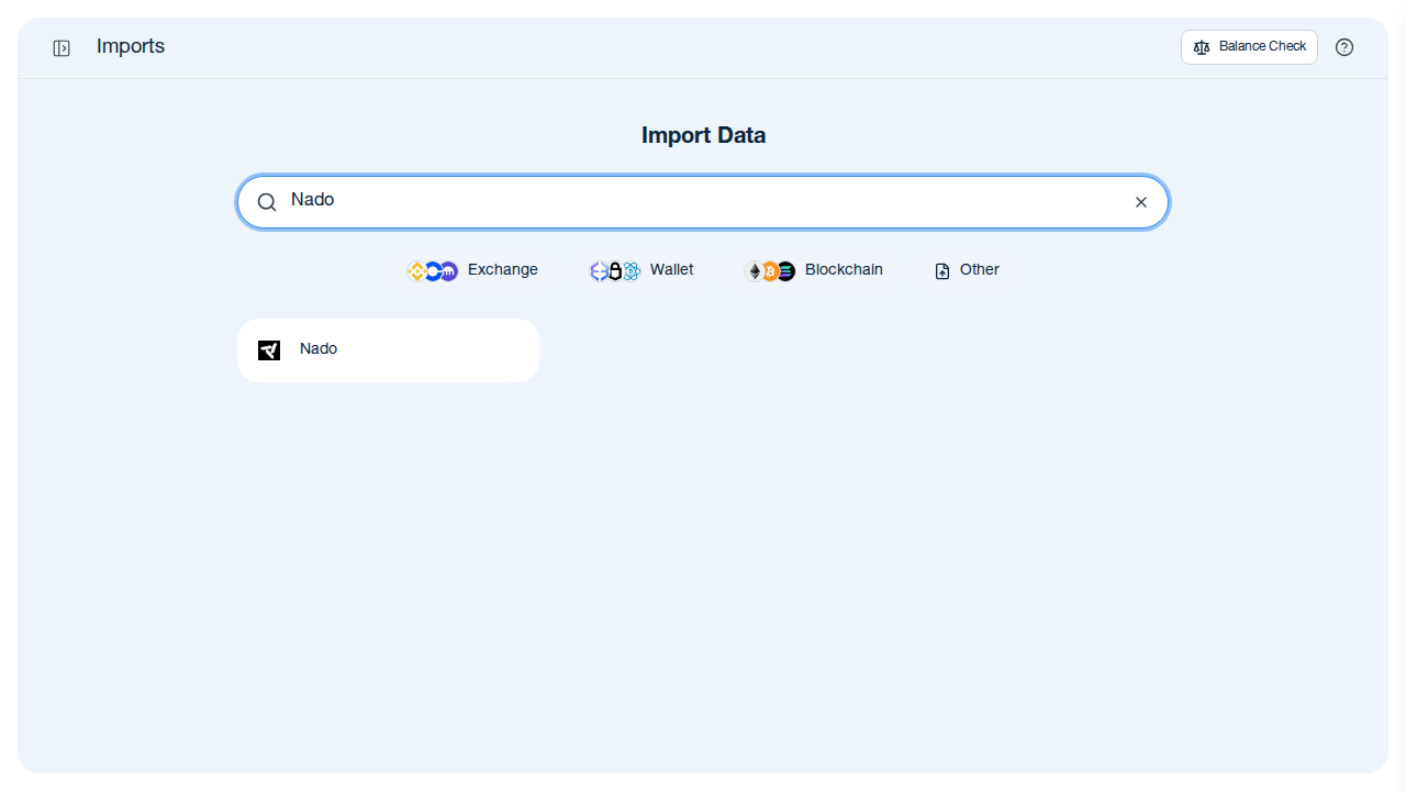 CoinTracking Import-Suche zeigt Nado Exchange als Ergebnis