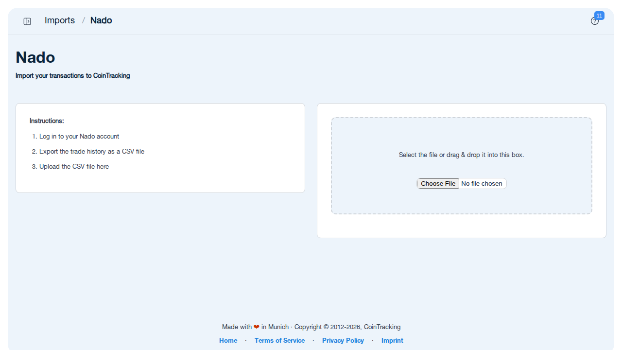 Nado Import-Seite in CoinTracking mit CSV-Upload-Bereich