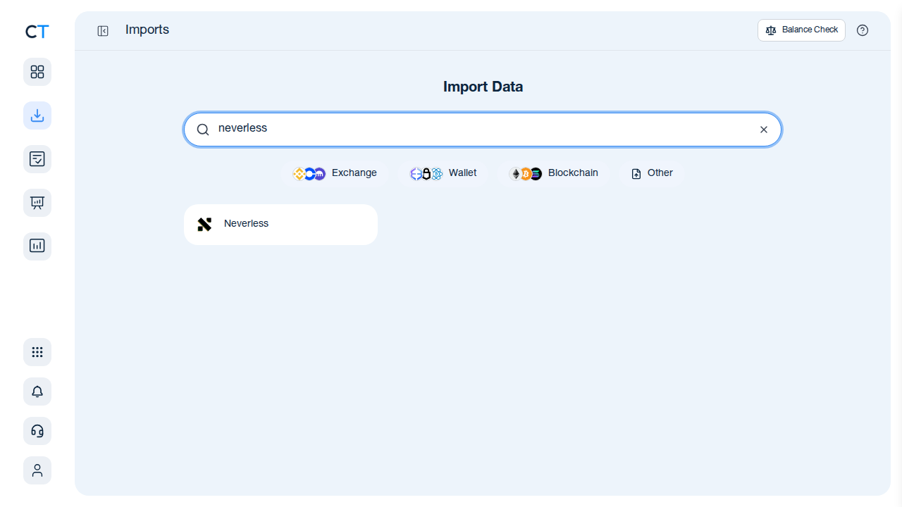 CoinTracking import search showing Neverless in the results