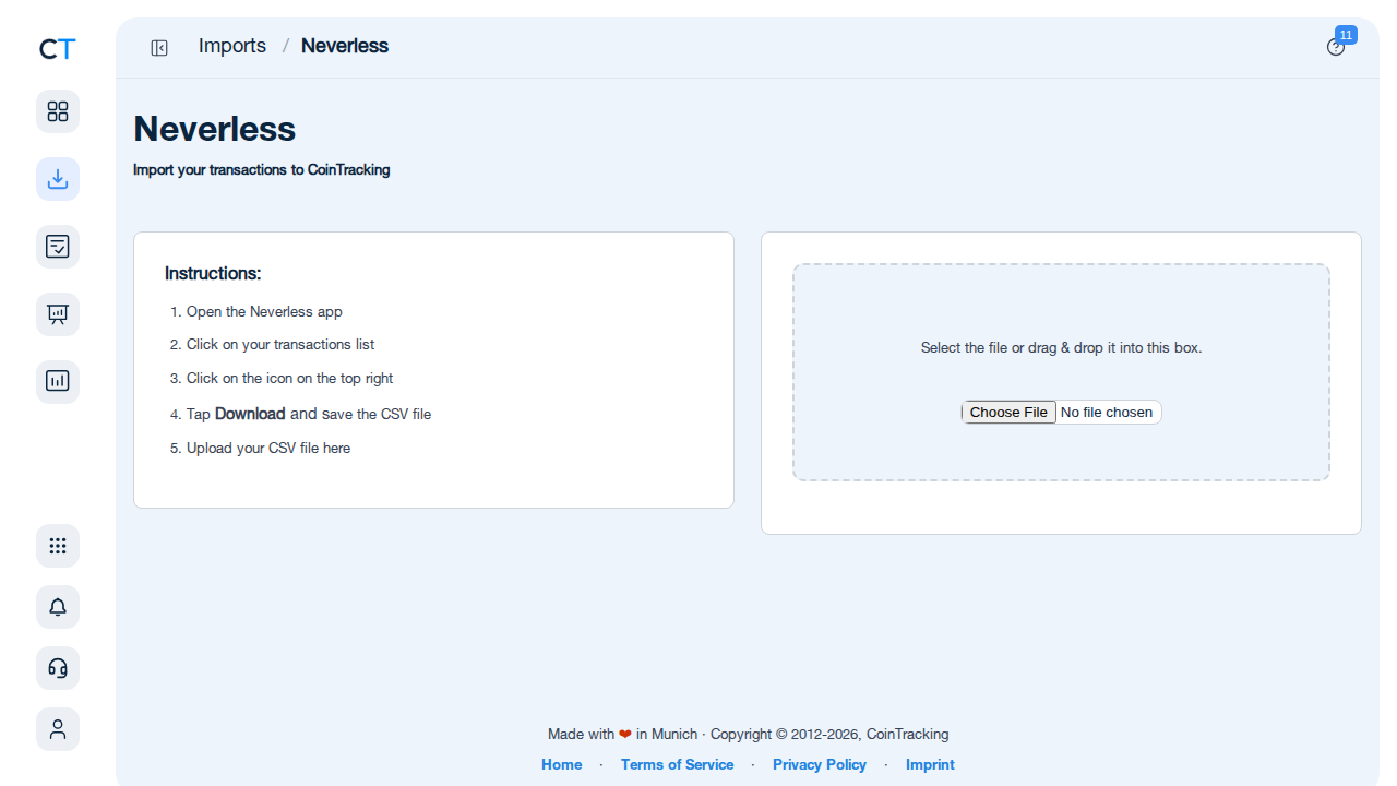 Neverless import page in CoinTracking showing CSV upload area and instructions