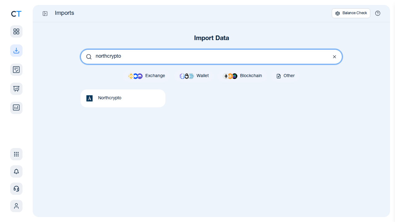 CoinTracking import search showing Northcrypto option