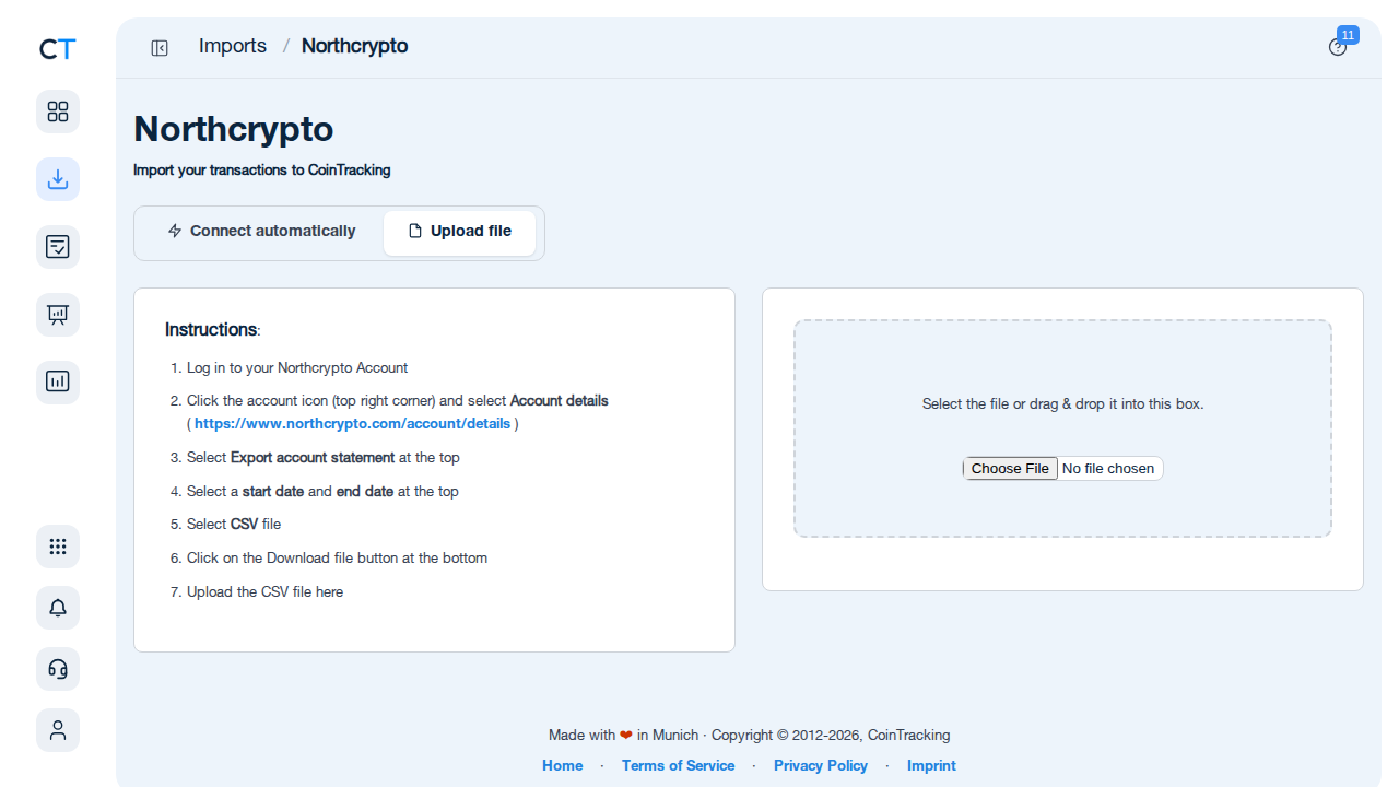 Northcrypto import page in CoinTracking with CSV upload and API key fields