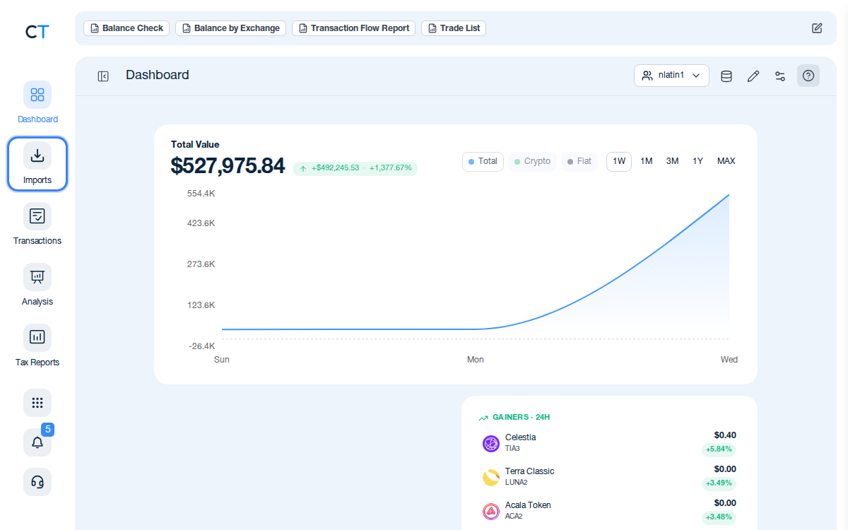 CoinTracking Dashboard with the Import icon highlighted in the left navigation