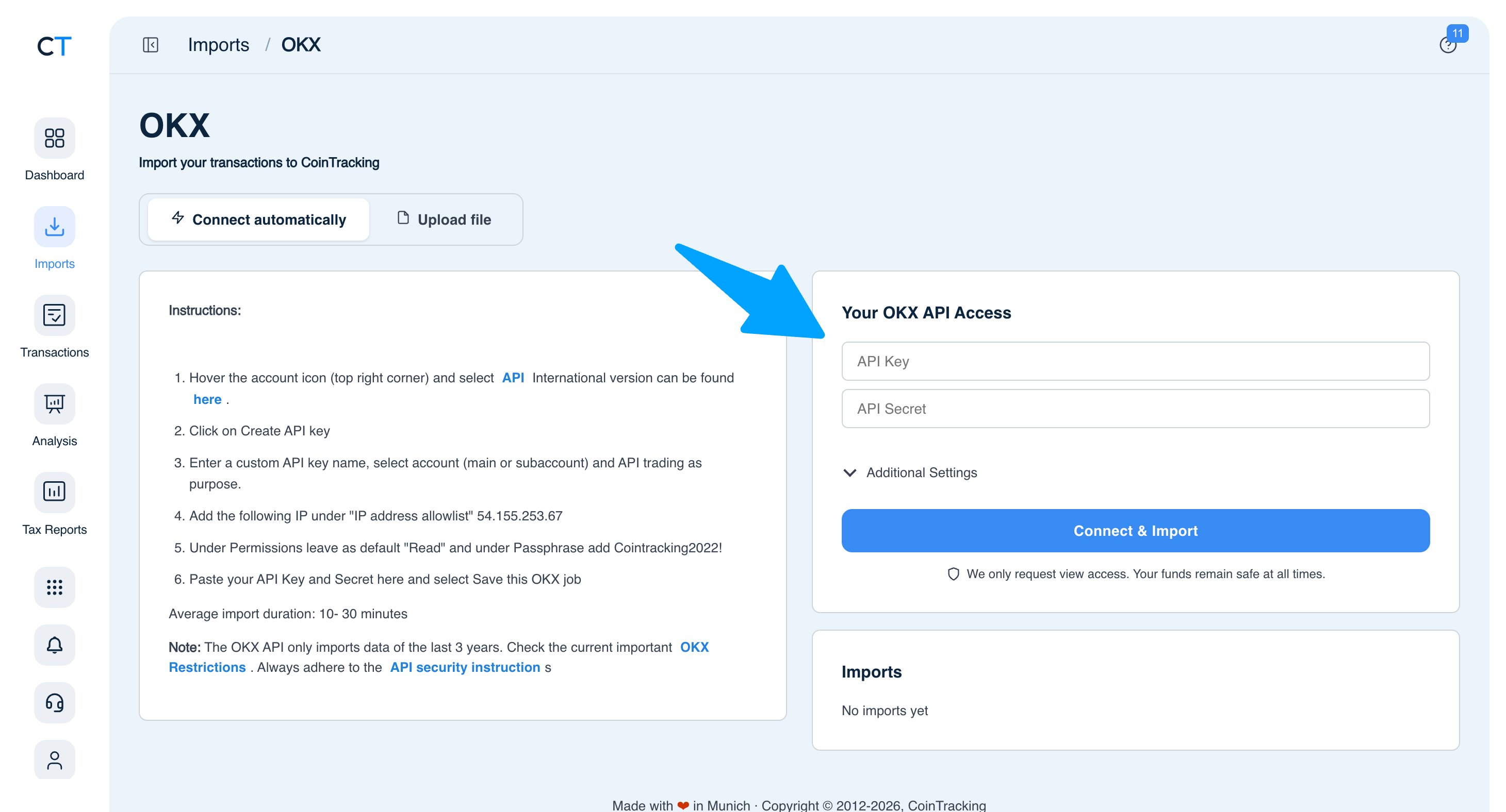 CoinTracking OKX import page showing Connect automatically tab with API Key and API Secret fields