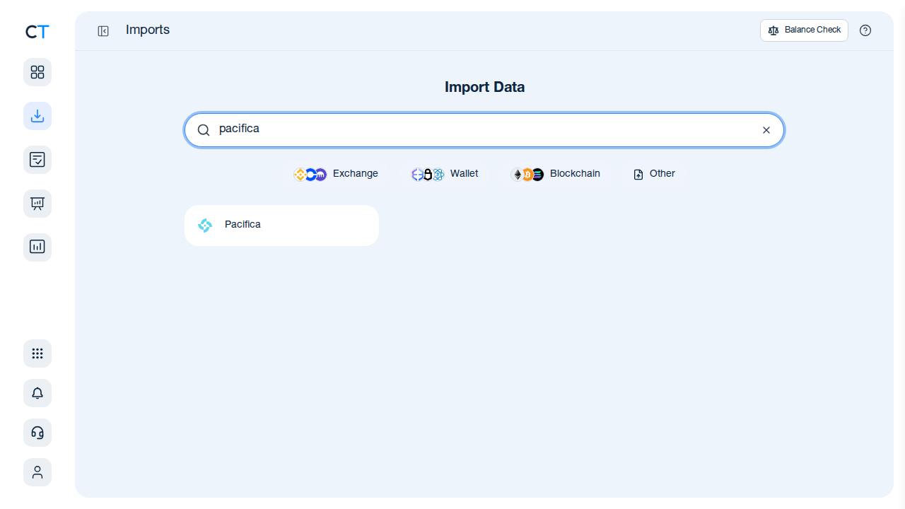 CoinTracking Import-Suche nach Pacifica oder CSV-Upload