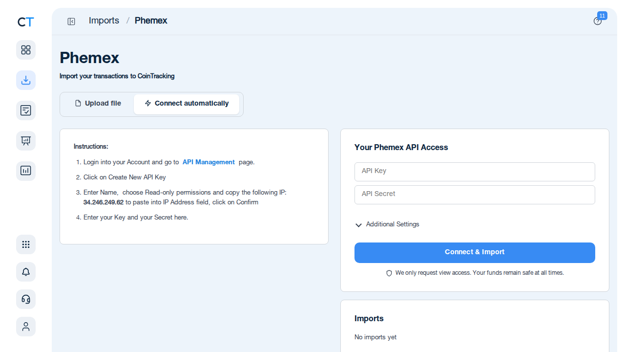 CoinTracking tax report generation for Phemex transactions