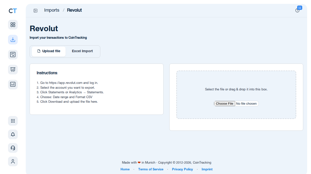Revolut import page in CoinTracking with CSV/XLS upload area