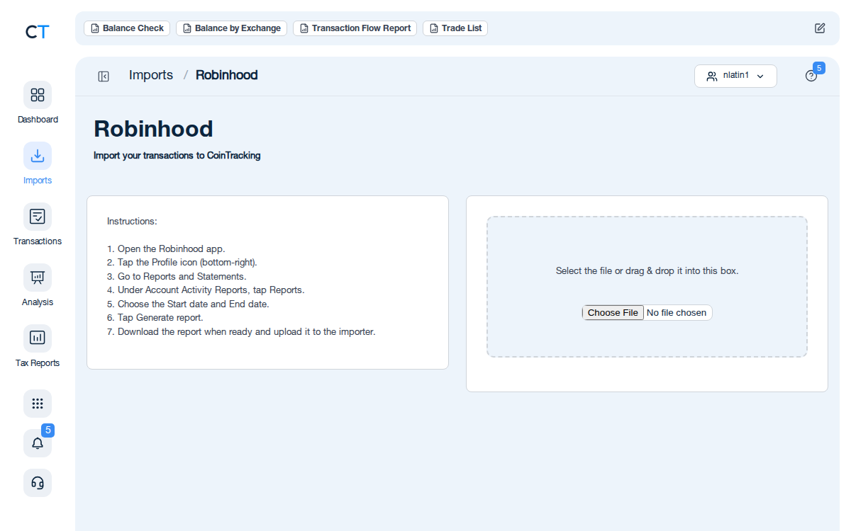 Robinhood import page with CSV file upload area (Choose File button and drag-and-drop) and step-by-step instructions