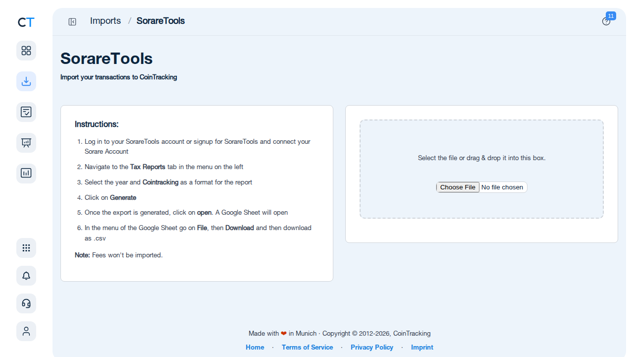 CoinTracking tax report generation for Sorare NFT transaction data