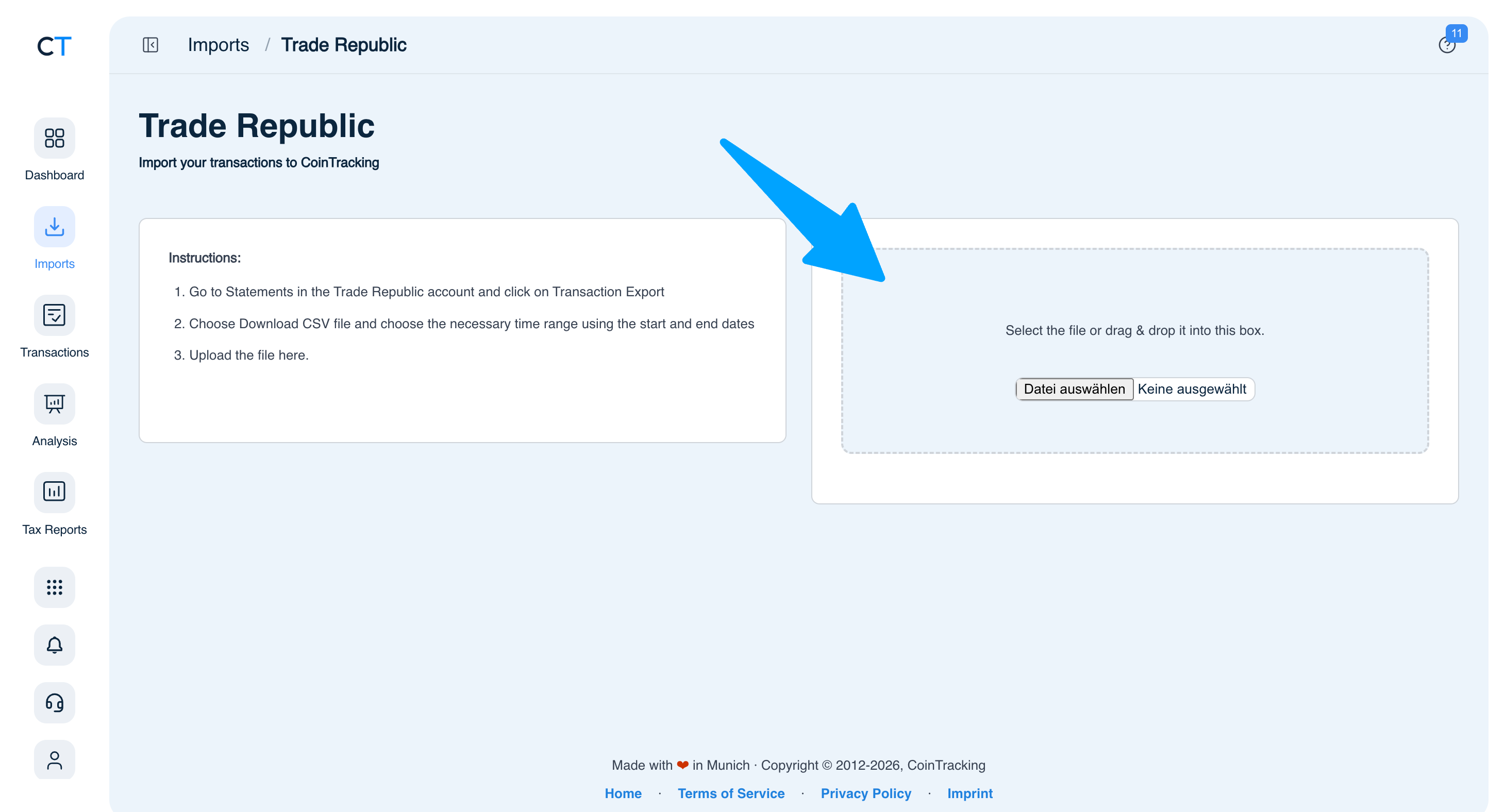 CoinTracking Trade Republic import page showing CSV file upload area
