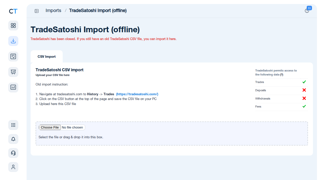 TradeSatoshi Import-Seite in CoinTracking mit CSV-Upload-Feld