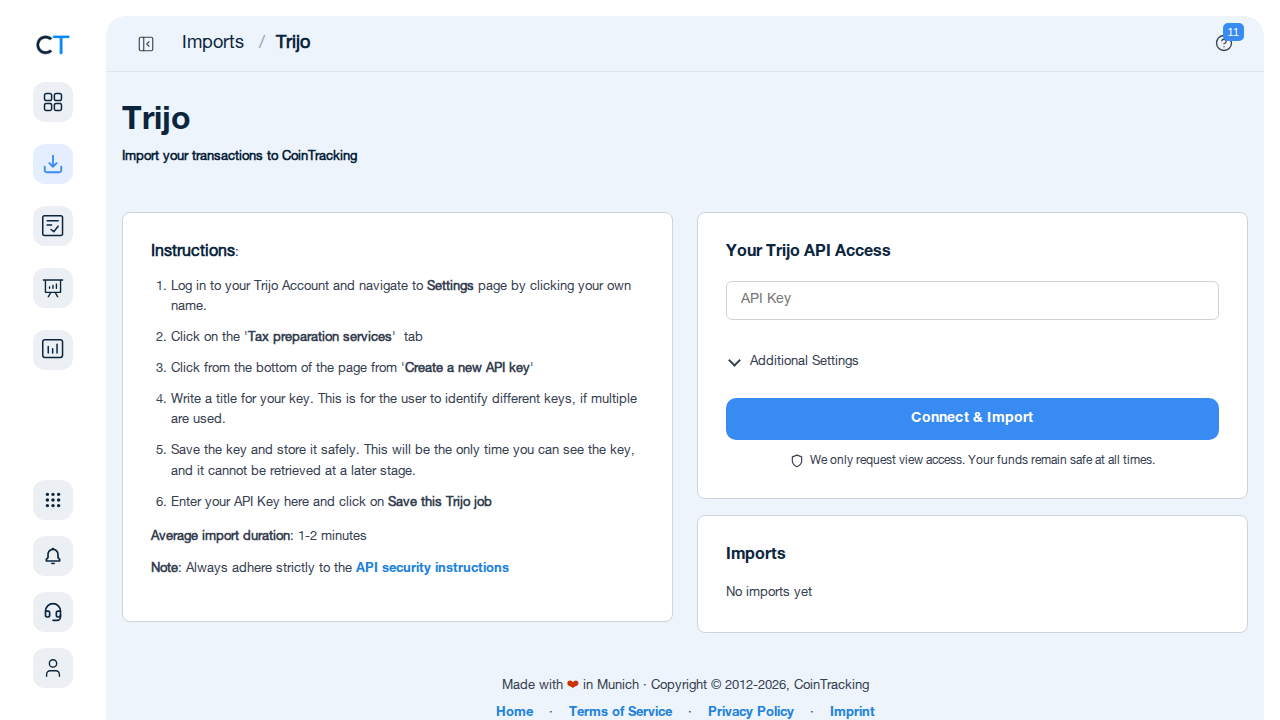 Trijo import page in CoinTracking showing CSV upload area and instructions