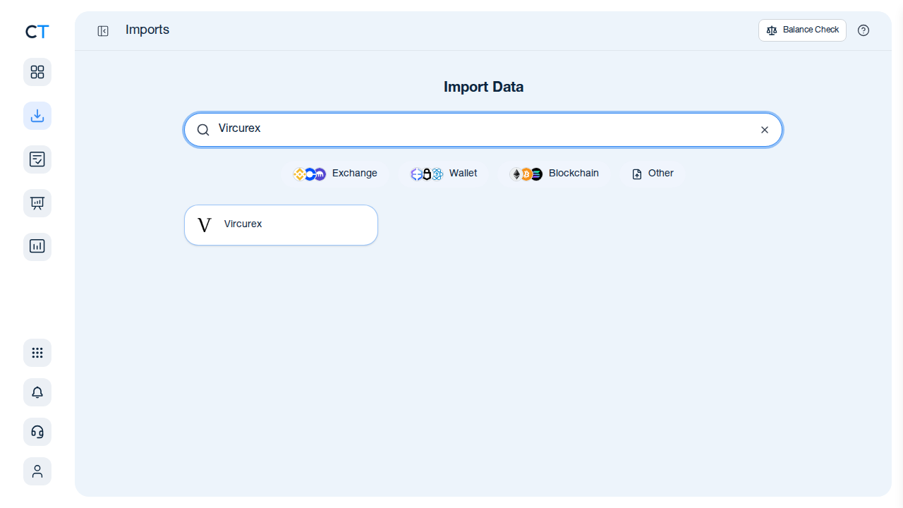 CoinTracking import search showing Vircurex result