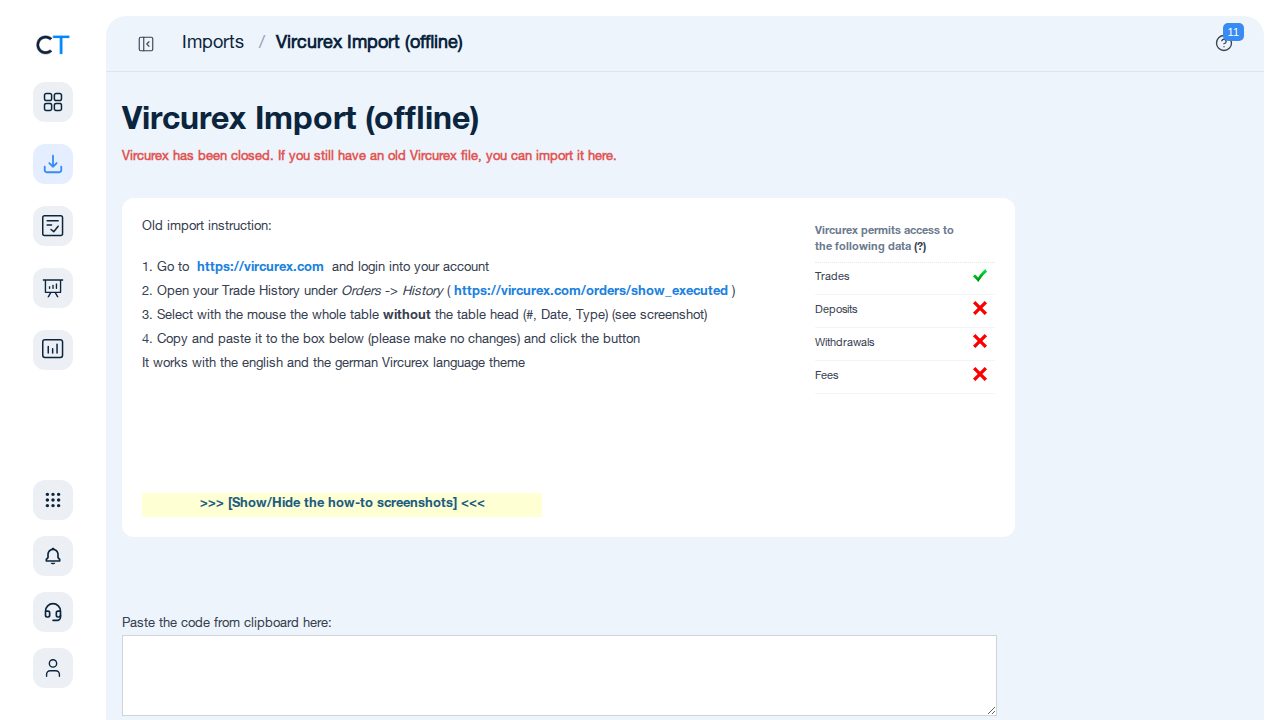 Vircurex import page in CoinTracking showing CSV upload field