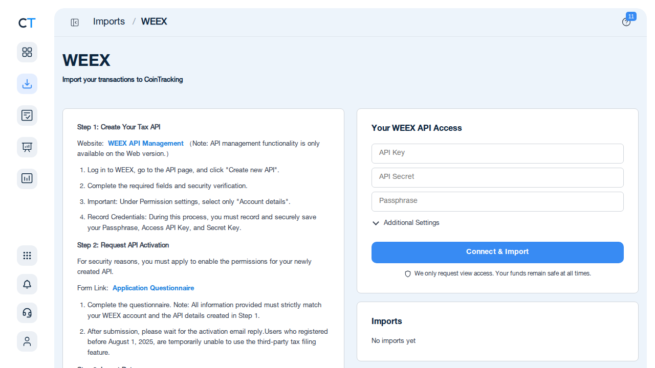 CoinTracking tax report generation for Weex transactions
