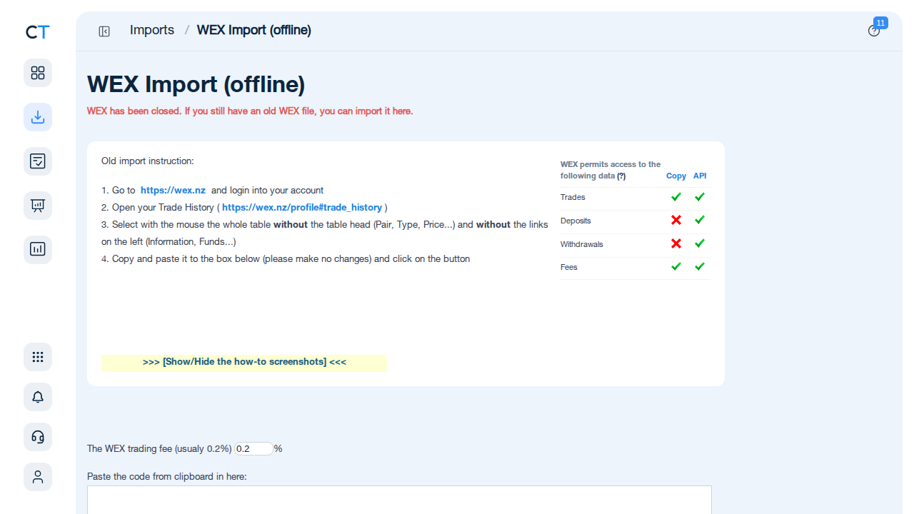 WEX Import-Seite in CoinTracking mit CSV-Upload-Feld