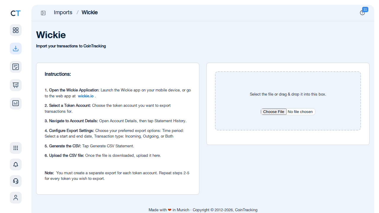 Wickie Import-Seite in CoinTracking mit CSV-Upload-Bereich und Anleitung