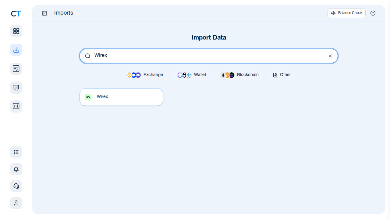 Buscador de importación de CoinTracking con el resultado de Wirex