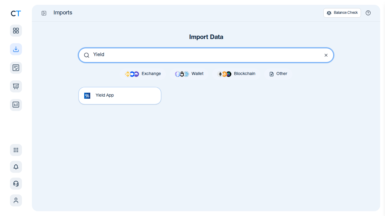 CoinTracking Import-Suche mit Yield App Ergebnis
